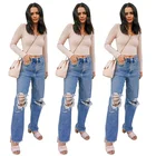 2019 Wholesale Casual Distressed Hollow Out High Waist Button Fly Long Denim Jeans