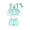 summer fashion girl's clothes green&white stripes with bowknot sleeveless suits wholesale cotton girls sets