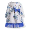 fashion long sleeves Chinese flower print party puffy flower girl baby dresses