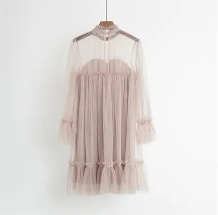 Autumn Graceful Aesthetic Loose Mesh Sweet Dress Mock Neck Collar Stringy Selvedge Slim Pleated Lace Solid Princess Doll Dress5