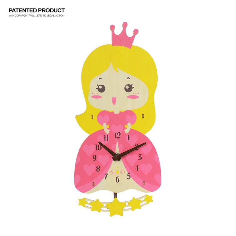 Индивидуальные Принцесса форма мультфильм стиль деревянные качели diy настенные часы декор для детей