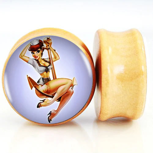 2pcs/Lot Pair of Nature Wood Ear Plugs Fit Ear Gauges Plugs - Pin Up Girl On Anchor 6MM-25MM 2G-1''