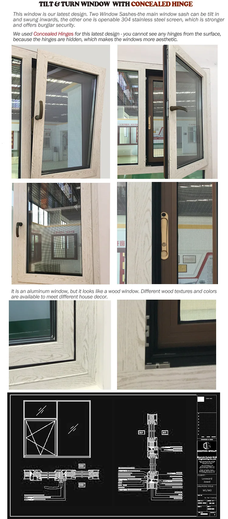 Wood grain finish aluminum window windows tilt turn