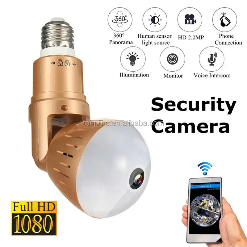 360 degree hidden camera light bulb camera FHD 1080P wifi camera remote control motion detection alarm function