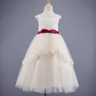 Kids boutique clothing wholesale Elegant Child Princess hand Beaded Sleeveless long Girl Lace Dress with red bow
