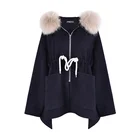 Navy women faux fur trench coat with hood