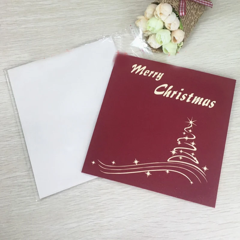 1pcs Sample Christmas Tree 3D Laser Cut Greeting Pop Up Card Ivitation Custom Postcards Christmas Thanksgiving Day Party Gifts (6)
