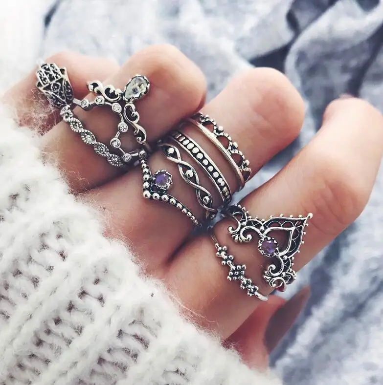 

10 Pcs/Set Women Bohemian Fatima Hand Crown Hollow Caved Flower Rings Geometric Crystal Joint Knuckle Ring Set (SK134), As picture