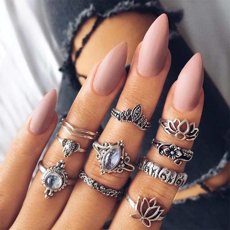 

10 pcs/Set Elephant Ring Sets Lotus Crystal Crown Hollow Flower Midi Knuckle Finger Rings Set For Women Jewelry (SK155), As picture