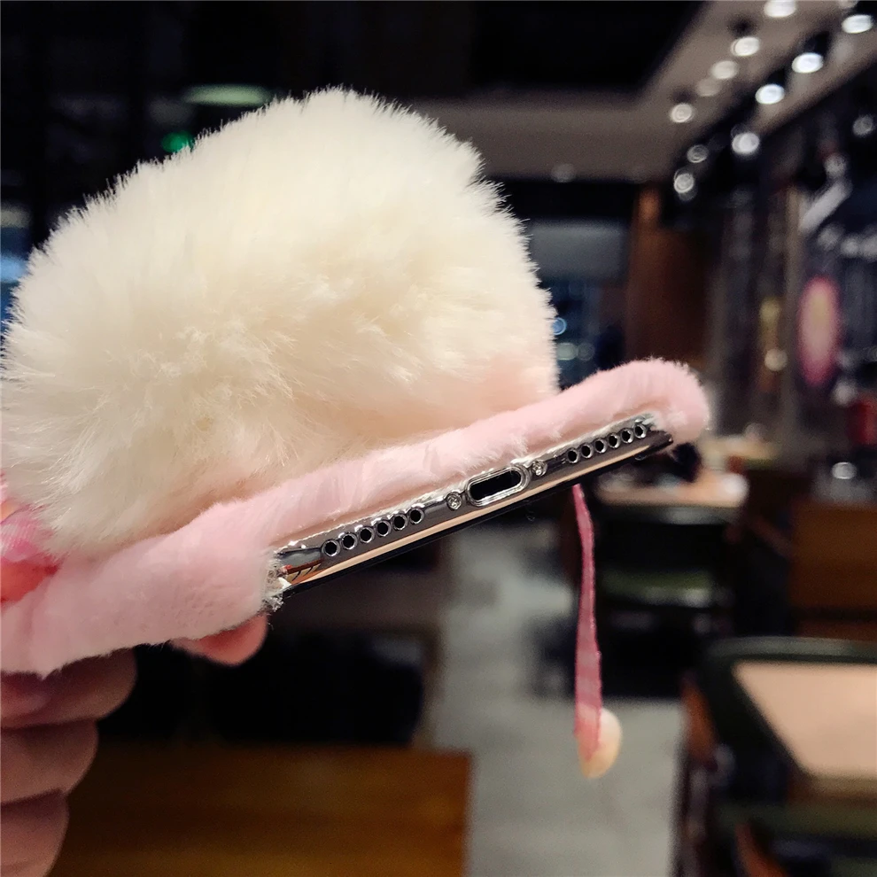 YEMIAO Pig Dog Hat Fur Case For iPhone X 6 6S 7 8 Plus Girl Style Winter Warm Cute Cover For iPhone X 10 6 6S 7 8 Plus Accessory (8)