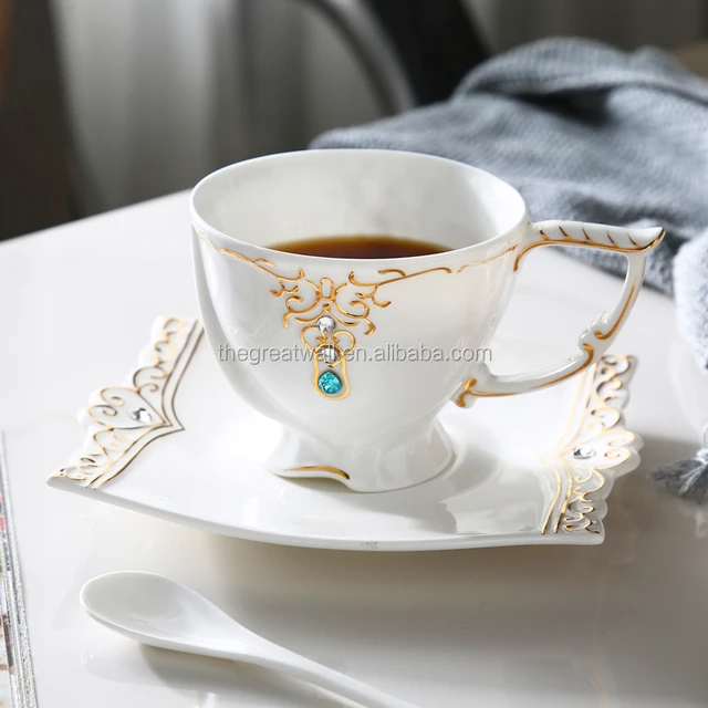 w luxury gift gold rim cup & saucer, coffee tea cup set with