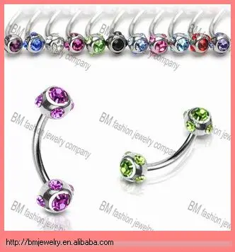316L Surgical Steel Diamond Eyebrow Ring Piercing Body Jewelry Curve Barbell with Multi Gemed 4mm Balls