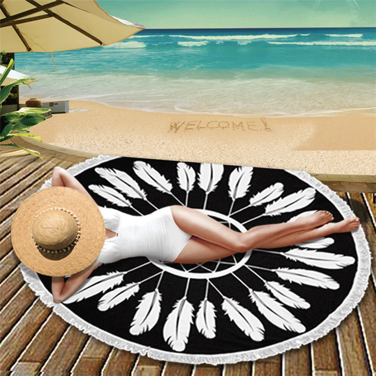 OEM 80% polyester 20% polyamide fabric 59inches diameter love round beach towel with tassel
