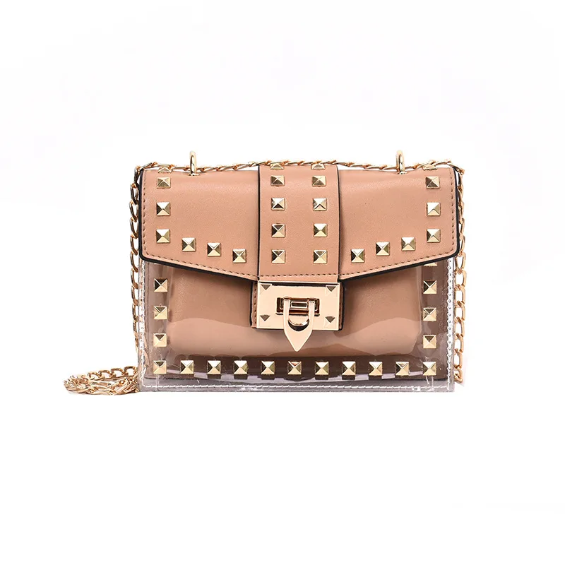 2019 new fashion rivet lady Korean version lock handbag small shoulder bag PVC bags rivet transparent bag
2019 new fashion rivet lady Korean version lock handbag small shoulder bag PVC bags rivet transparent bag