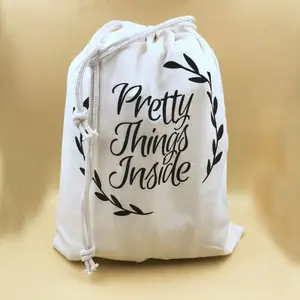 custom organic cotton muslin drawstring bag with printing logo