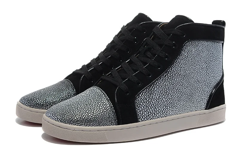 2015 Fashion Brand Women Men Red Bottom Sneakers black Rhinestone suede high top Sneaker for woman man shoes Pearl leather