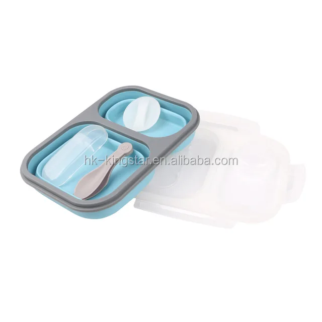 BPA free 2 spaces Collapsible Silicone Food Storage Container Lunch Box with Fork Spoon