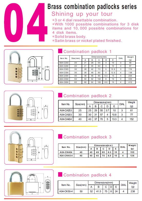 Brass combination padlock for gym