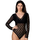 High Quality Sexy Women Clothing Vintage Black Deep V Neck Stitching Mesh Long Sleeve Lace Bodysuit