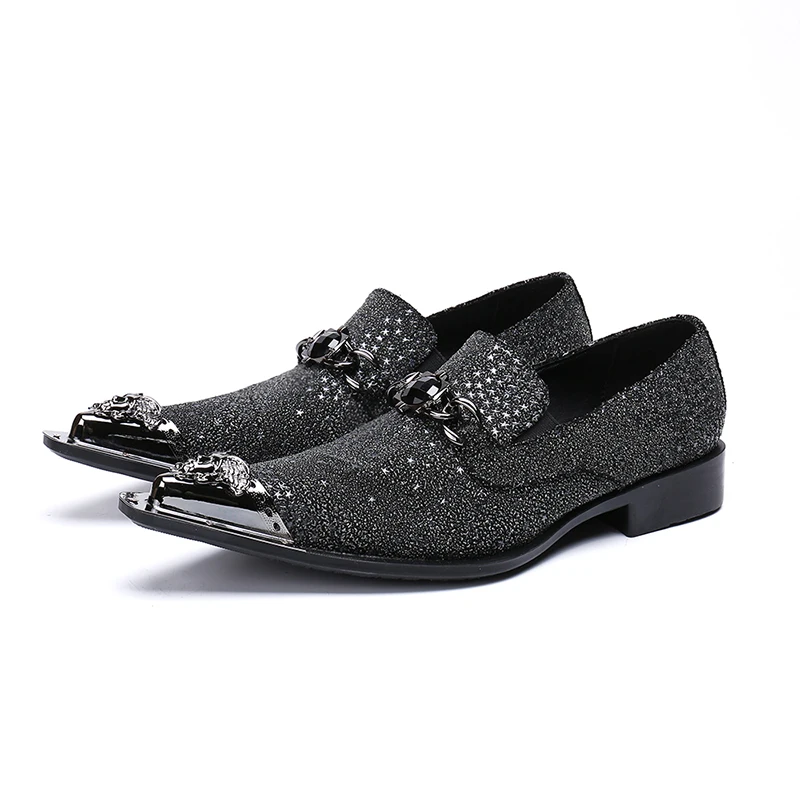 

NA157 Italian Black Bling Wedding Dress Shoes Men Genuine Leather Male Banquet Office Party Metal Pointed Toe Slip On Loafers, As the picture