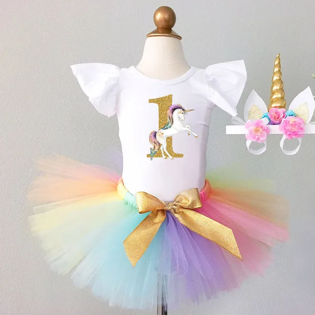 

Hot sell short-sleeve romper +girl tutu dress+Unicorn Headband baby birthday dress sets, Pink/red/white/colorful
