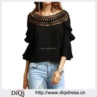 Womens Tops For Summer Ladies Black Crochet Hollow Out Boat Neck Ruffle Blouse