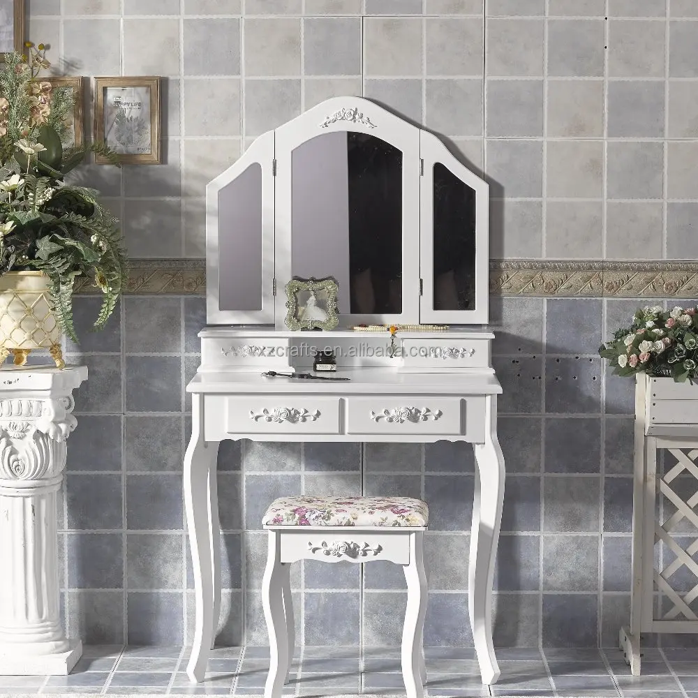Wooden white dresser ,dressing table four drawer with Foldable mirror