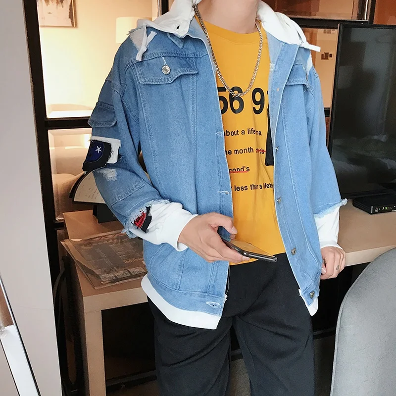 Spring autumn high quality new design Splicing hooded jeans jacket for man broken hole denim coat with hat, Light blue
Spring autumn high quality new design Splicing hooded jeans jacket for man broken hole denim coat with hat, Light blue