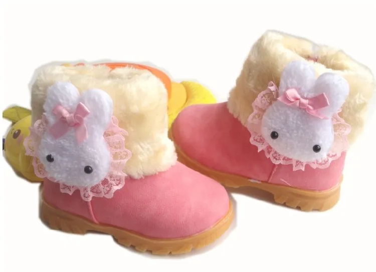 2015 Korean Fashion Winter Warm Children Snow Boots Baby Girls Cute Plush Fur Rabbit Totem Thicken Zipper Ankle Snow Boot