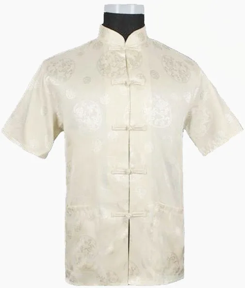 Hot Sale Beige Novelty Hombre Camisa Chinese Men's Shirt Silk Satin Kung Fu Short-sleeve Costume Size S M L XL XXL XXXL M0017