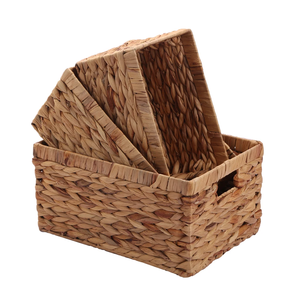 Hot selling water hyacinth storage basket with handle set of 3