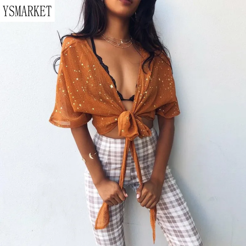 Sexy Summer Star Print Chiffon Blouse Women Short Sleeve V-Neck Cropped Blouse Casual Bow Tie Short Lady Shirt Top Tees
Sexy Summer Star Print Chiffon Blouse Women Short Sleeve V-Neck Cropped Blouse Casual Bow Tie Short Lady Shirt Top Tees