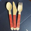 Private Label Disposable Stripe Wooden Cutlery Set Fork Spoon Knife