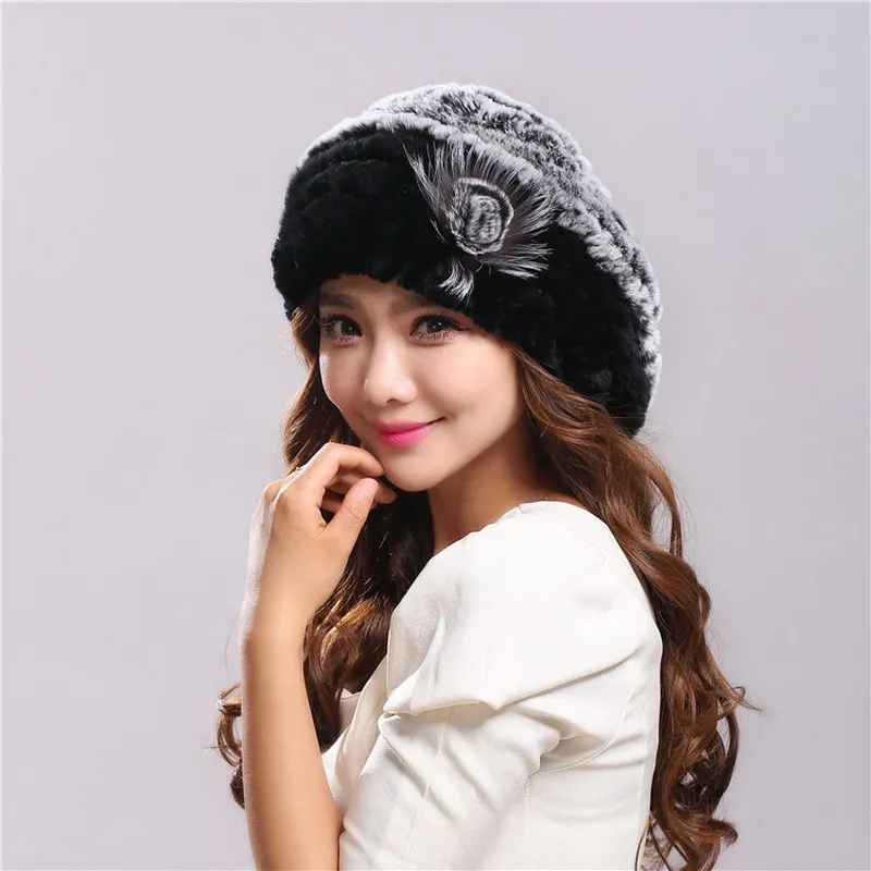 Winter Hat  Women's Genuine Rex Rabbit Fur Hats Beanies Warm Casual Female Knitted Natural Fur Hat Caps  (27)
