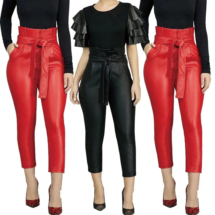 pu drawstring high waist trendy women bottoms capri pants with pocket, Black;red
pu drawstring high waist trendy women bottoms capri pants with pocket, Black;red