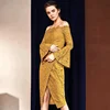 Ladies New Model Lace Bell Sleeve Split Sexy Tight Yellow Woman Dress