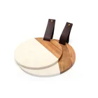 Customized small round marble and acacia wood cheese cutting board with handle for kitchen