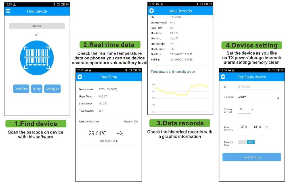 Phone Software Real Time Bluetooth Temperature Data Humidity Logger