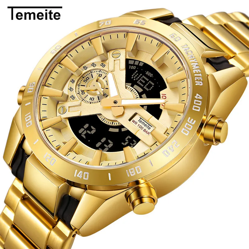 Temeite Brand Gold Mens Watches Sport Watch Men LED Dual Display Wristwatch Male Water Resistant Luminous Relogio Masculino
Temeite Brand Gold Mens Watches Sport Watch Men LED Dual Display Wristwatch Male Water Resistant Luminous Relogio Masculino