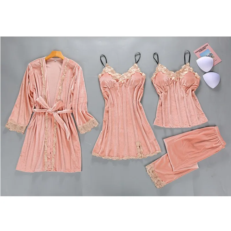 YSMARKET 4 Color Womens Winter 4 Pieces Pajamas Sets With Padded Bra Sexy Velvet Nightwear V-neck Nighties For Sleep E7131
YSMARKET 4 Color Womens Winter 4 Pieces Pajamas Sets With Padded Bra Sexy Velvet Nightwear V-neck Nighties For Sleep E7131