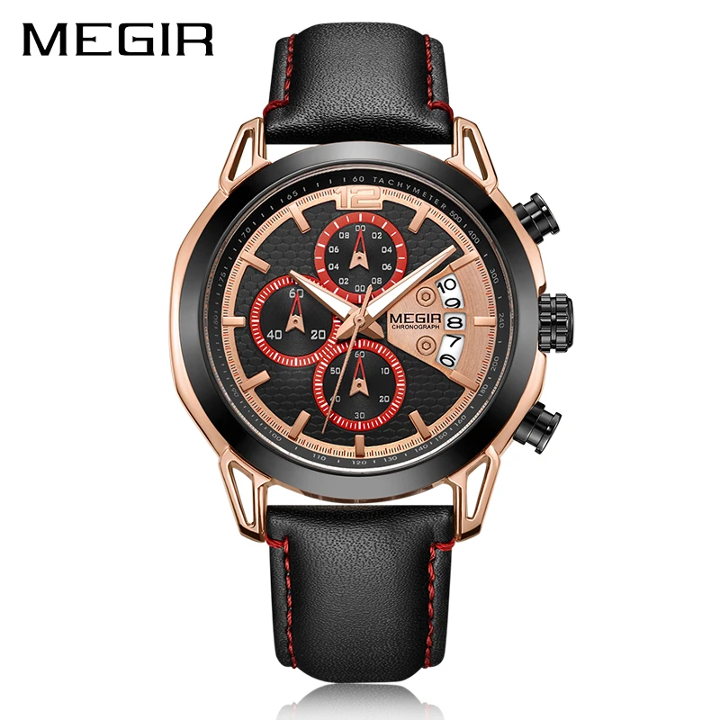 

Famous Brand Luxury Men Wrist Watches Business Leather Strap Calendar Quartz Clock Luminous Sport Megir 2071 Chronograph Watch