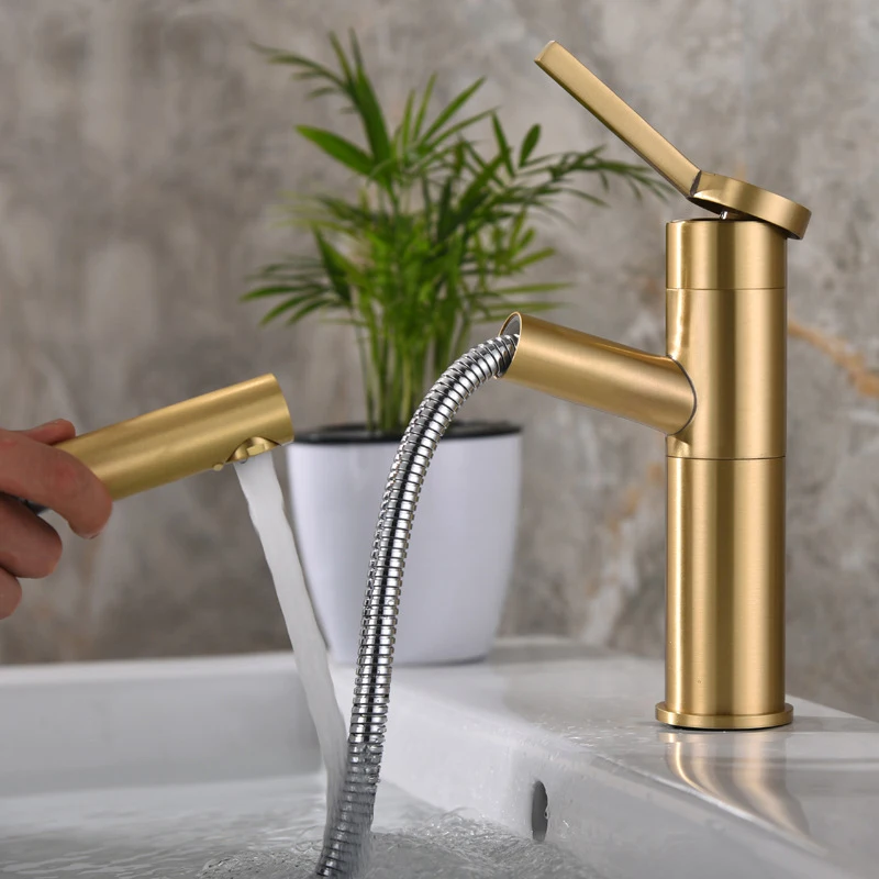 Wholesale Faucet Single Hole Brushed Golds Brass Pull Out Basin Mixer