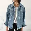 2018 Korean Cowboy Frayed Slim Jeans Coat Feminino Pocket Bomber Jackets Plus Size Women Fashion Denim Jacket