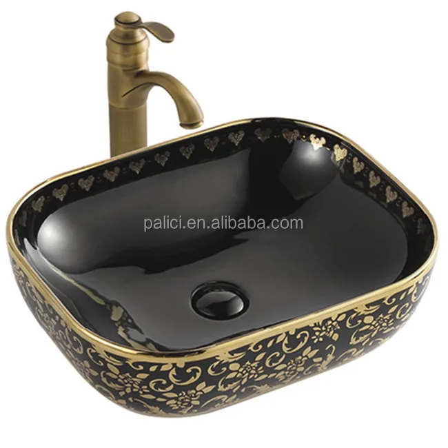 Hot sale fancy sink bathroom wash basin, black and gold glass sanitary ware basin for family toilet sink Lavobo lavatory