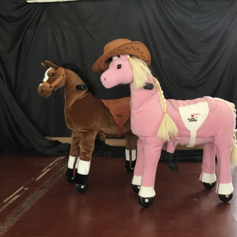 2016 Frame retardant long plush rocking toy mechanical horse on wheels for sale, ride on furry animal toys horse for kids sit an