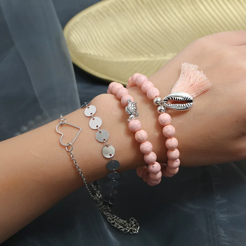 Fashion 4 pcs/set Heart Charm Bracelet Set For Women Bohemian Turtle Shell Tassel Pink Beads Bracelets (KB8204), As picture
Fashion 4 pcs/set Heart Charm Bracelet Set For Women Bohemian Turtle Shell Tassel Pink Beads Bracelets (KB8204), As picture