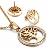 MECYLIFE Wholesale Fashion Zircon Inlay Stainless Steel Necklace Earring Set Round Shape Tree Of Life Jewelry Set