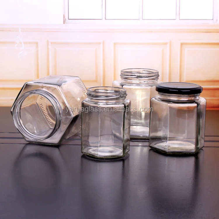 empty glass hexagon jar all size with black metal lids cheap jars