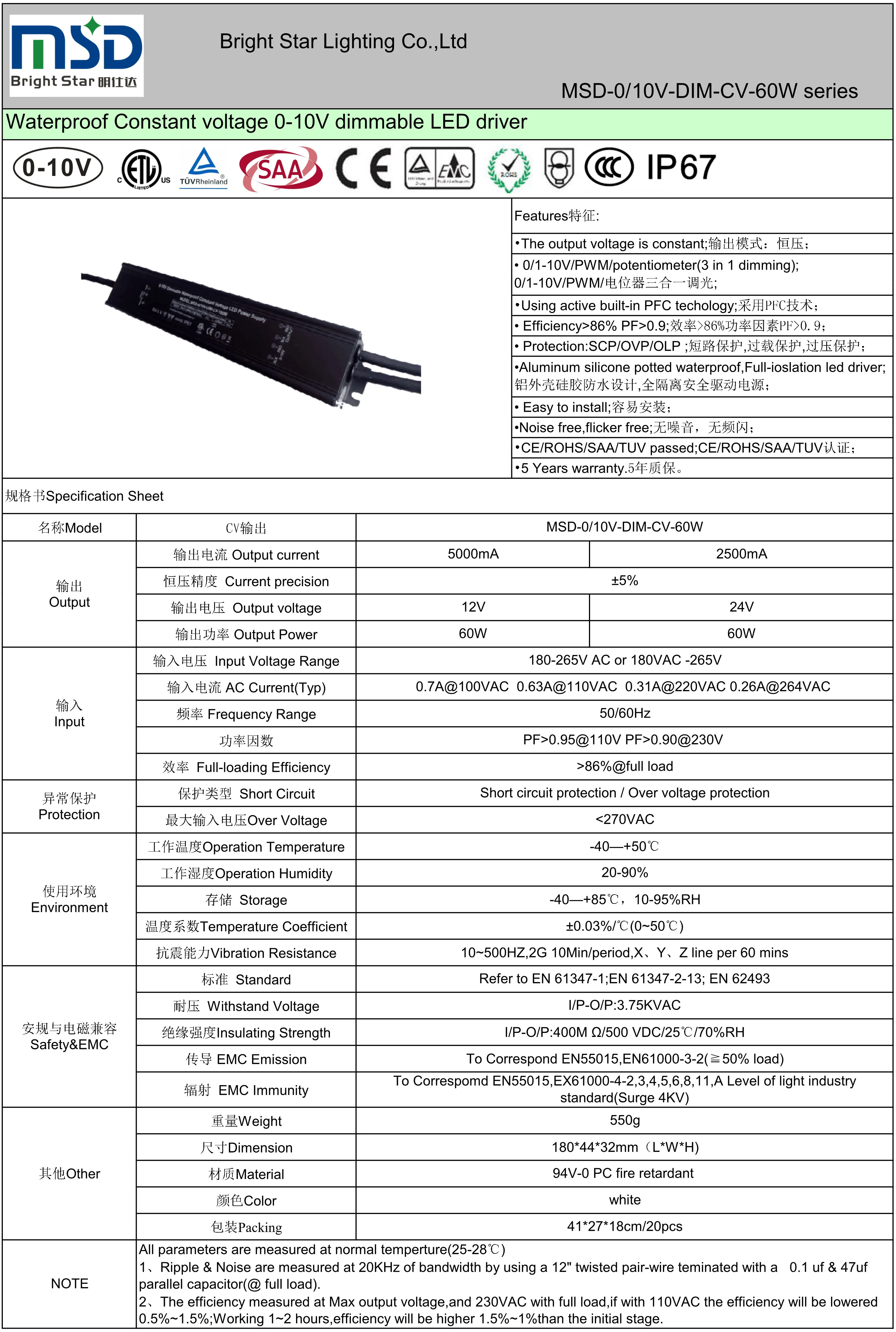 0/1-10V PWM CV Dimmable IP 67 50W 60W 80W 100W 120W 150W 200W 250W led driver with five years warranty for led lighting