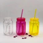 Hot Sale Colorful Single Wall 560ml PS Plastic Juice Cup Mason Jar with Handle and Straw